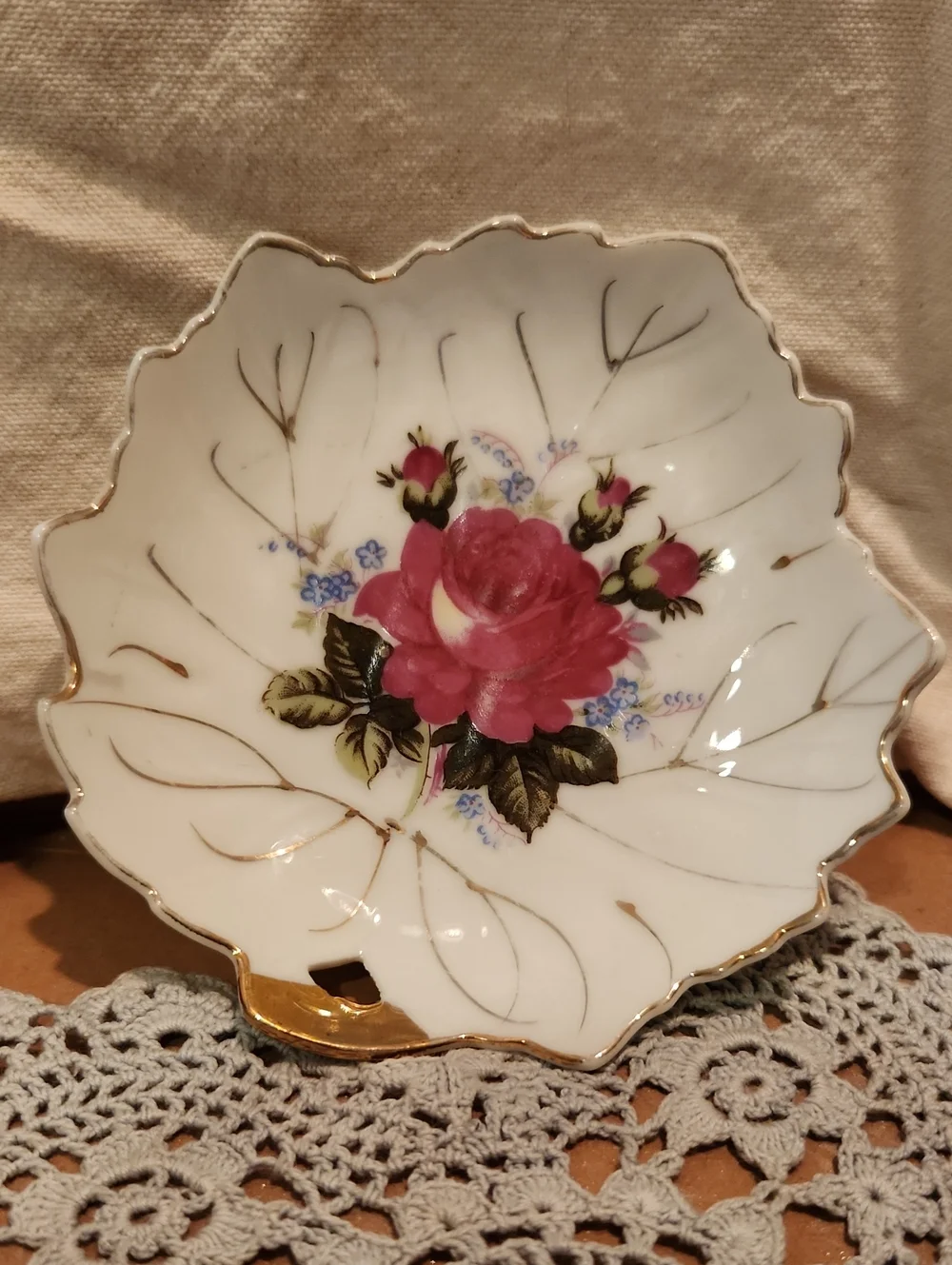 White Porcelain Rose Decorative Dish Or Butter Pat with Pink Floral Accent